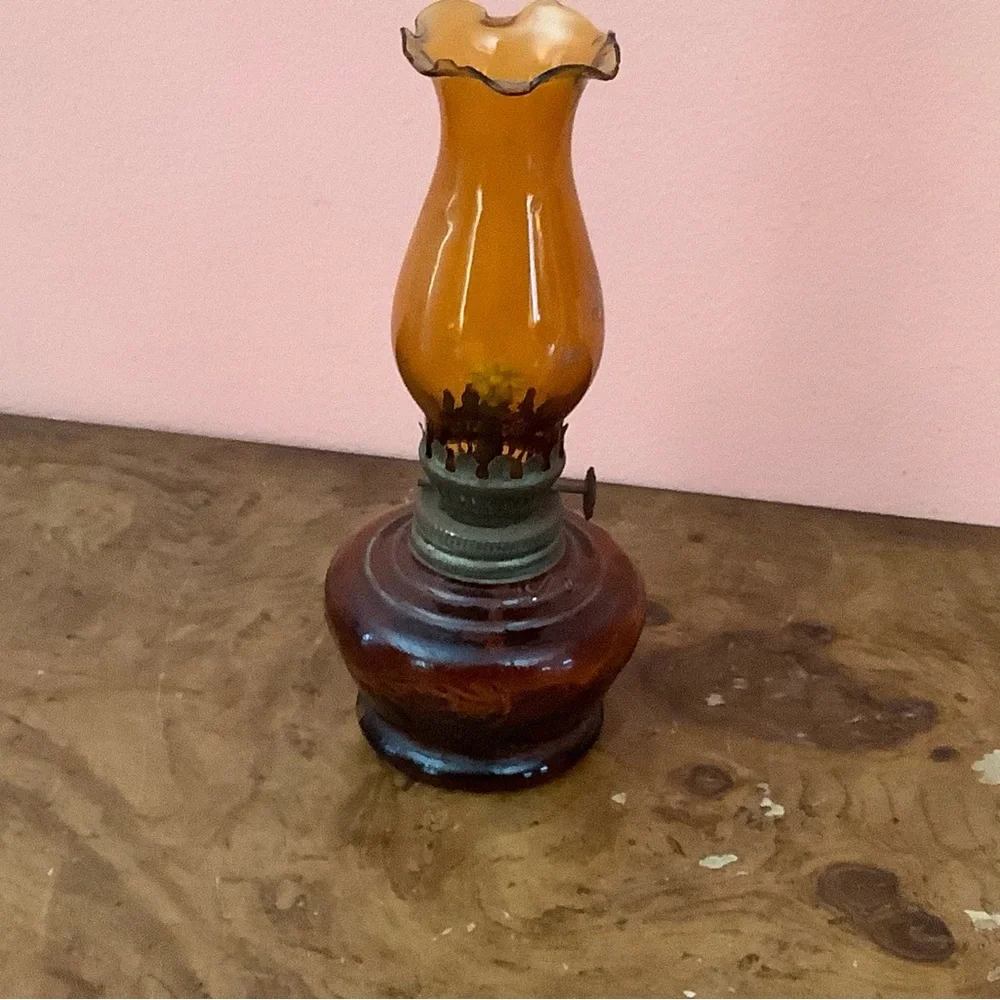 Vintage 7.5 Inch Amber Glass Oil Lamp With Fruit Details Read